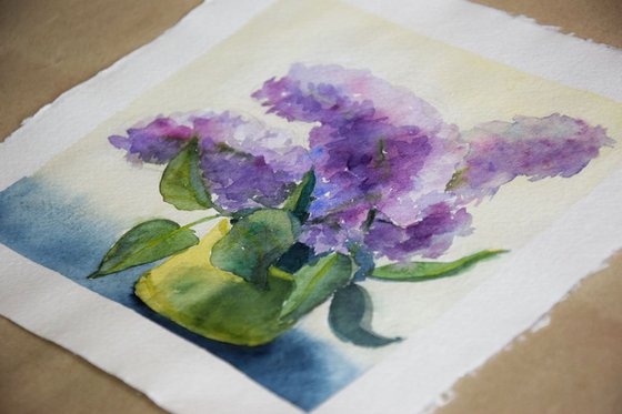 Lilac flowers original watercolor painting on craft paper, Botanical still life, romantic postcard