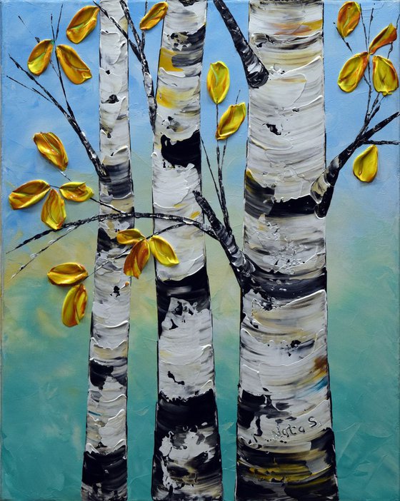 Aspen Tree Painting, Blue Sky, Impasto Tree Art, Yellow Leaves