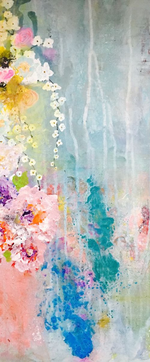 Impressionistic flowers "Love is all around" blue pink yellow m by Henrieta Angel