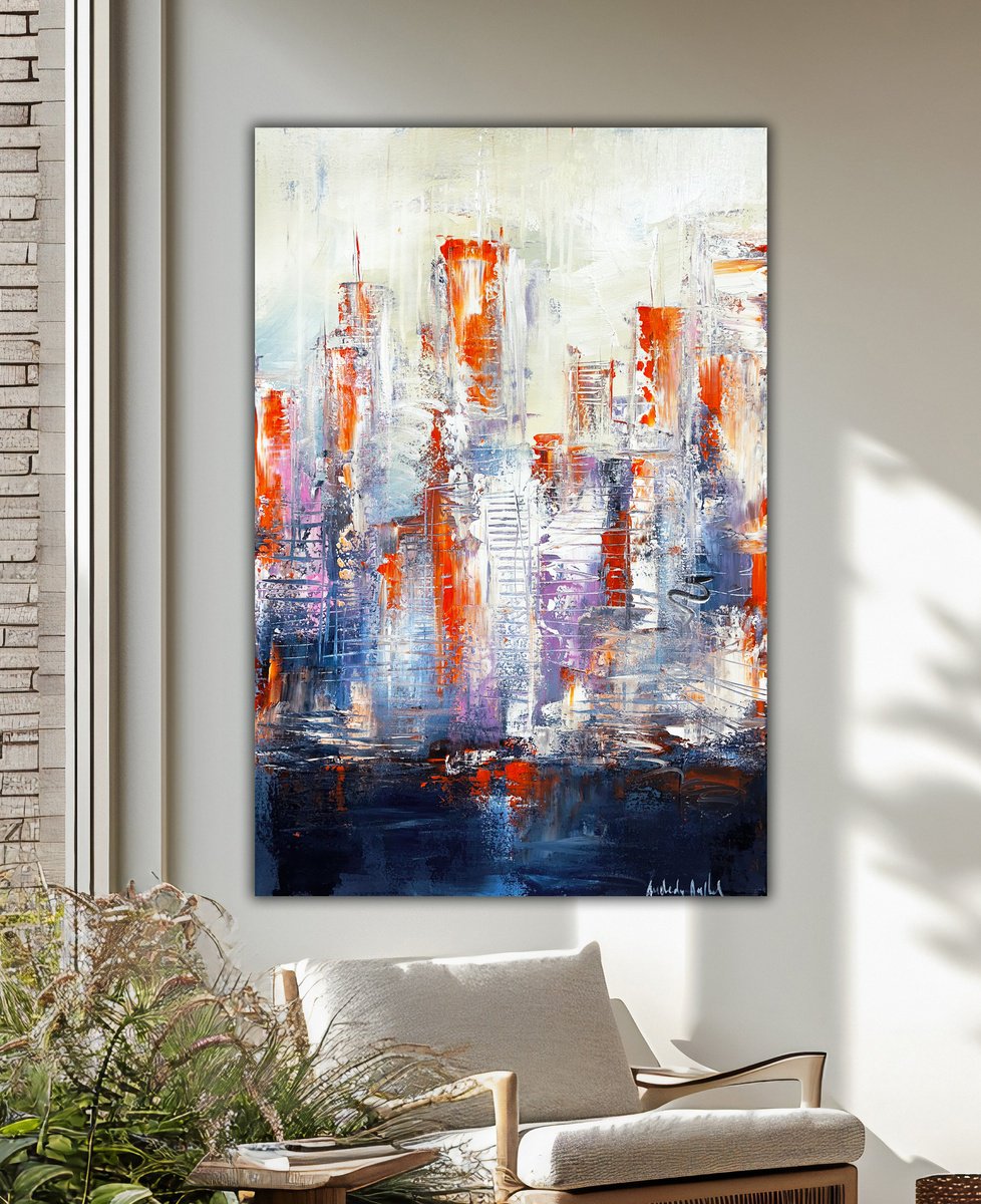 Abstract Acrylic Painting By Andrada Anghel, 24 X 36, Skyline In Motion, Original Artwork
