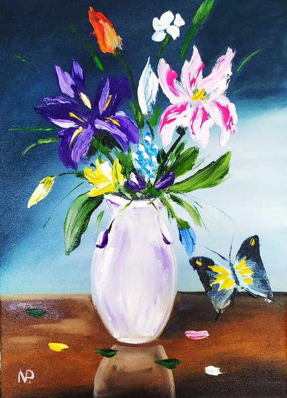 Bouquet of spring flowers, original small oil painting, gift idea, decor for home