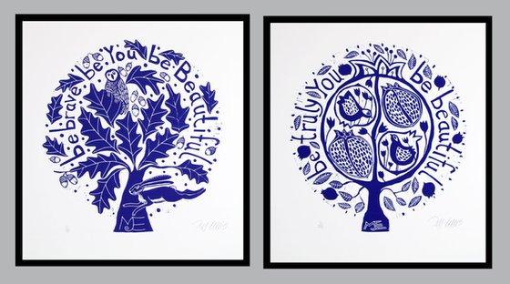 Blue, blue and white linocut Printmaking by Mariann Johansen-Ellis