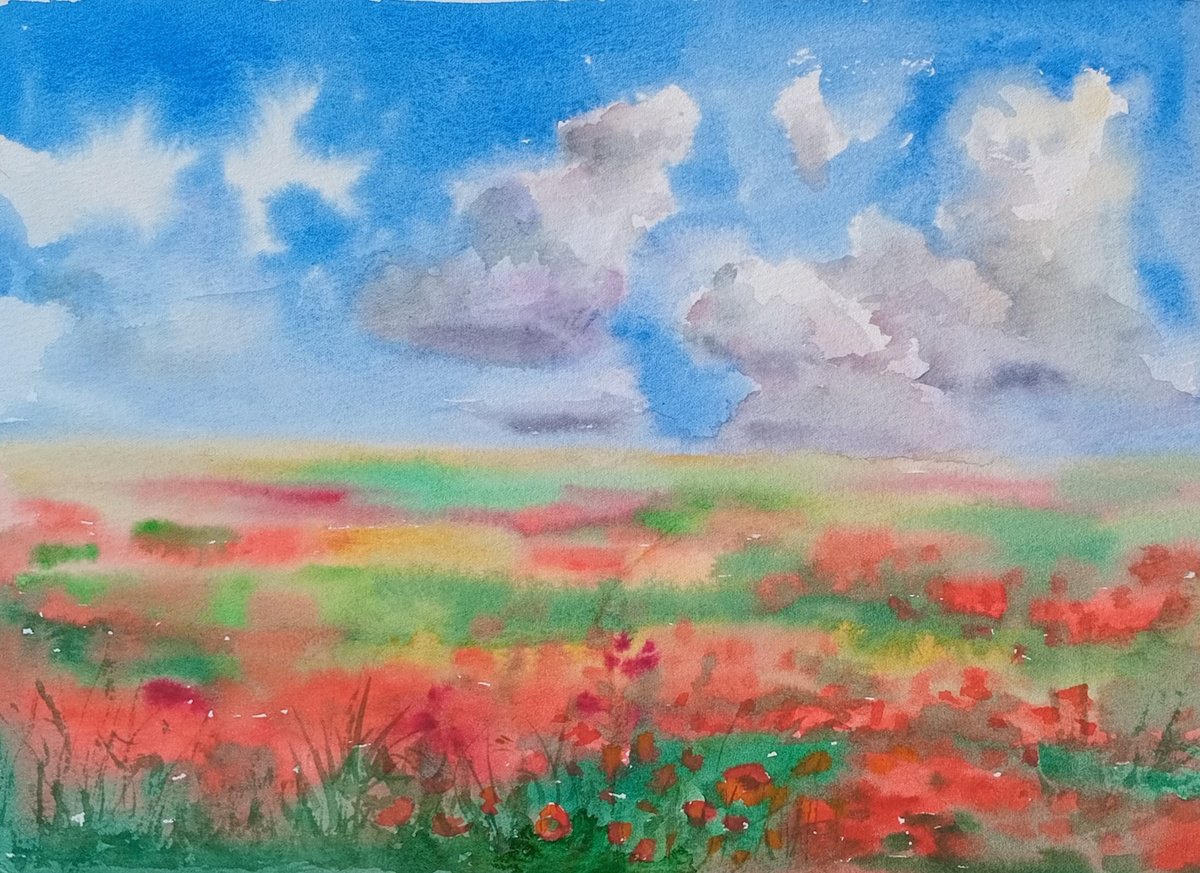 Impressionistic Landscape Drawing By Ann Krasikova, 11 X 7, Field Of Poppies, Original Artwork