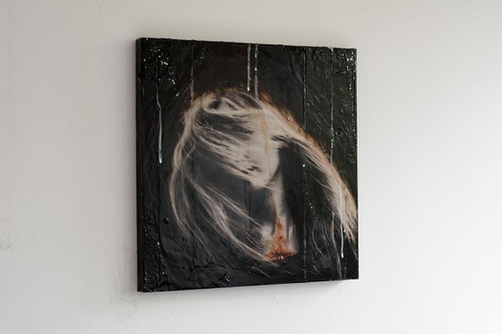 "Awaken" (40x40x3cm) - Unique portrait artwork on wood (abstract, portrait, gouache, original, painting, coffee, acrylic, oil, watercolor, encaustics, beeswax, resin, wood, fingerpaint)