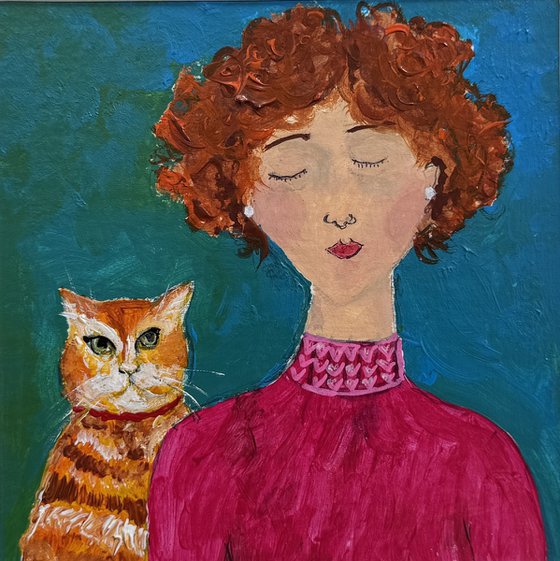 Girl red hair marmalade Cat