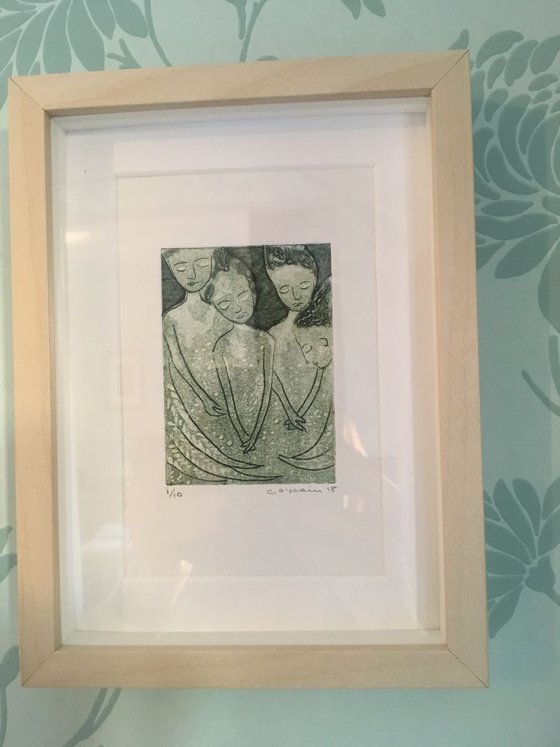 Angels   Collagraph   printed in green FRAMED  GIFT IDEA