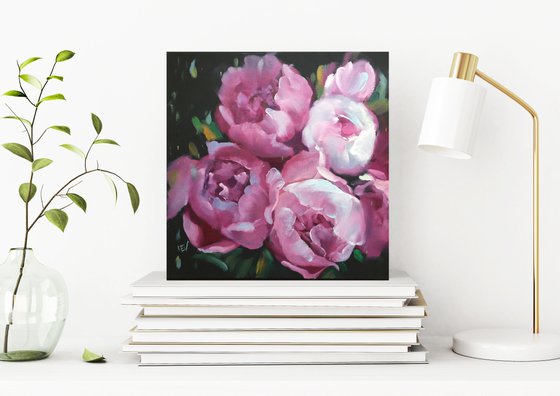 Original oil painting peonies bouquet