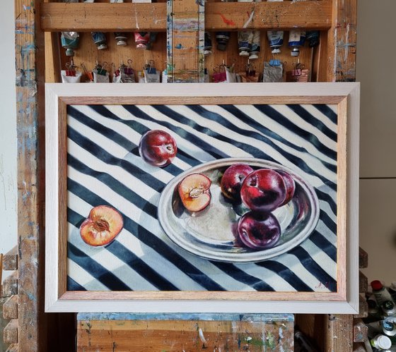 "Plums dream of the sea. "  still life liGHt original painting PALETTE KNIFE  GIFT (2021)