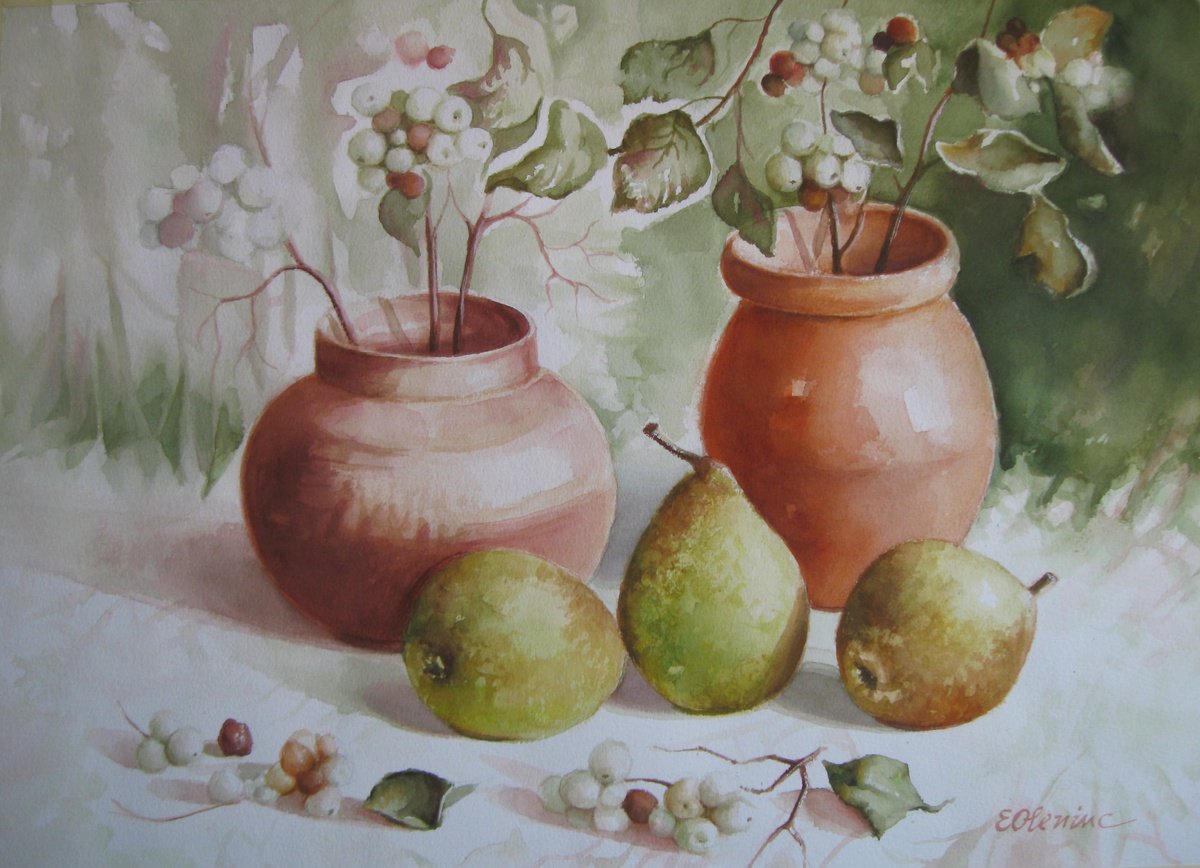 Impressionistic Still Life Watercolour By Elena Oleniuc, 22 X 16, Autumn Story, Original Artwork
