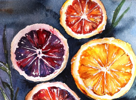 Citrus ORIGINAL Watercolor Painting - Red Oranges Aquarelle