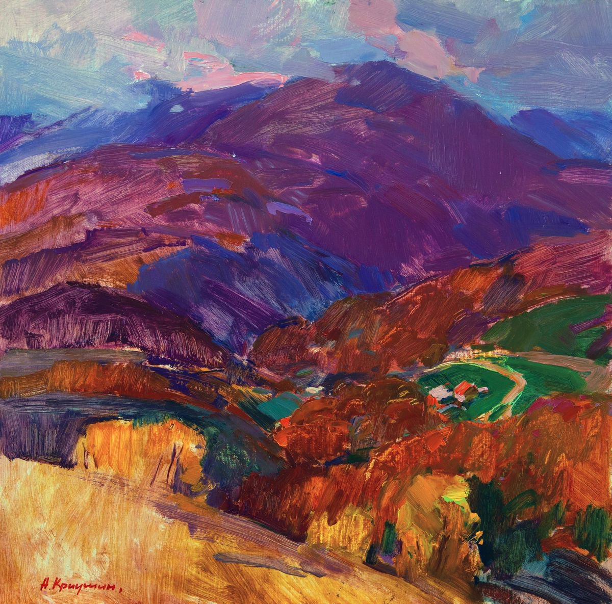 Impressionistic Landscape Oil Painting By Aleksandr Kryushyn, 20 X 19, Autumn Carpathians, Original Artwork