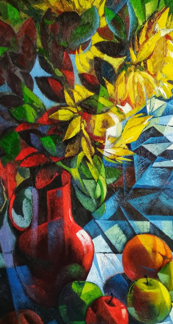 Still life with sunflowers (60x80cm, cubism, oil painting, ready to hang)