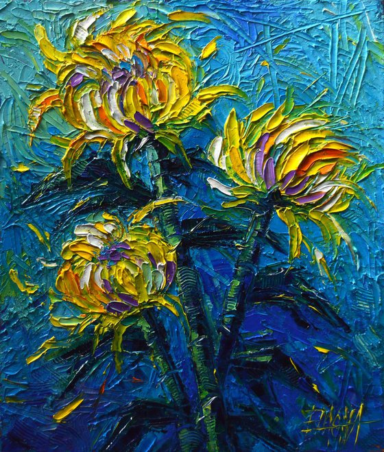 Chrysanthemums Etude - modern impressionist palette knife painting on canvas