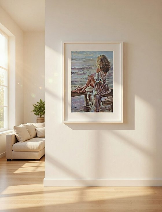 " WOMAN SITTING BY THE LAKE IN LIGHT "