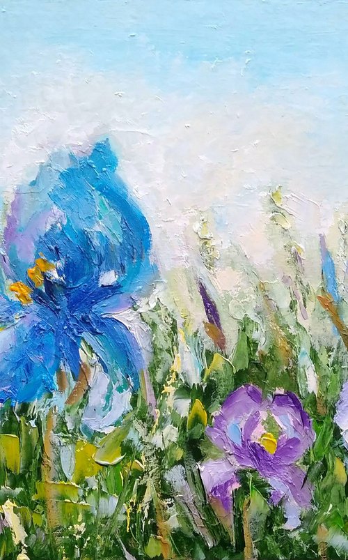 Iris Painting Floral Original Art Meadow Artwork Flower Wall Art by Yulia Berseneva