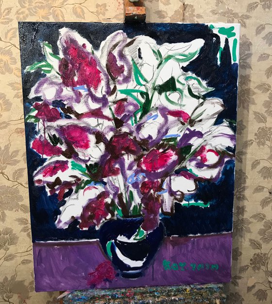 LILAC BLOOMING - Still-life with lilac, original oil painting, bouquet of lilacs 90x70