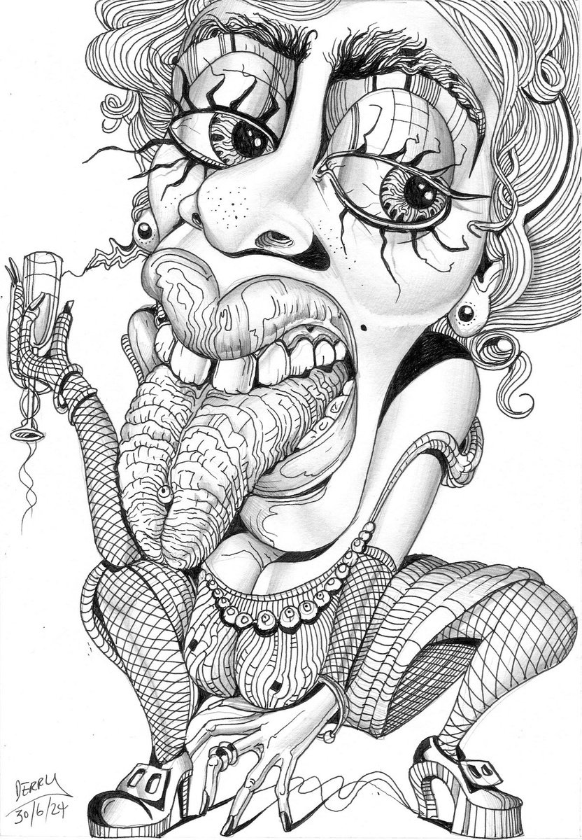 Cartoon Portrait Ink Drawing By Spencer John Derry, 8 X 12", Ugly Sister, Original Artwork