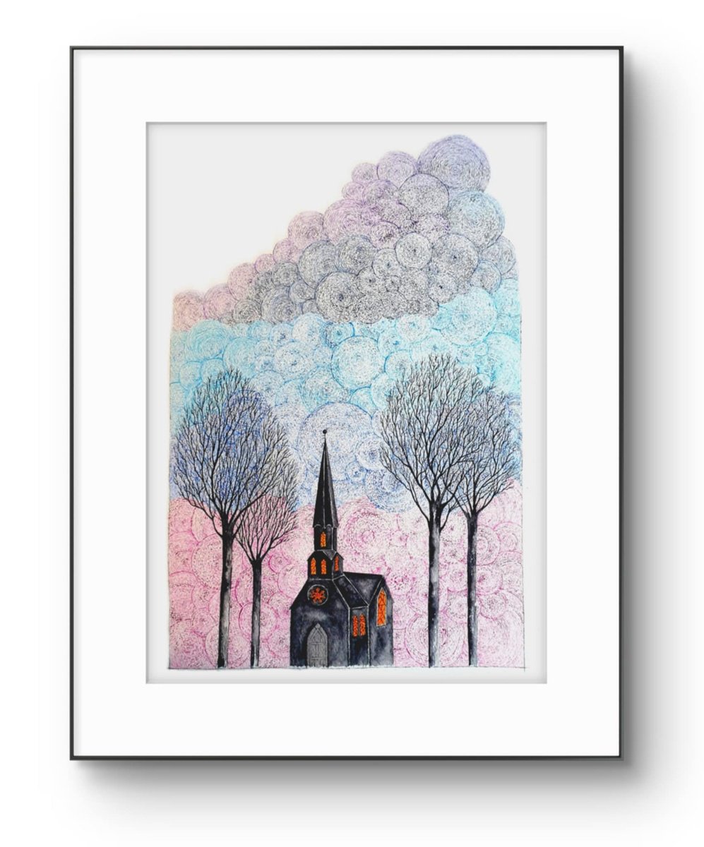 Illustrative Landscape Watercolour By Marian Gorin, 16 X 22", A Mighty Wind, Original Artwork