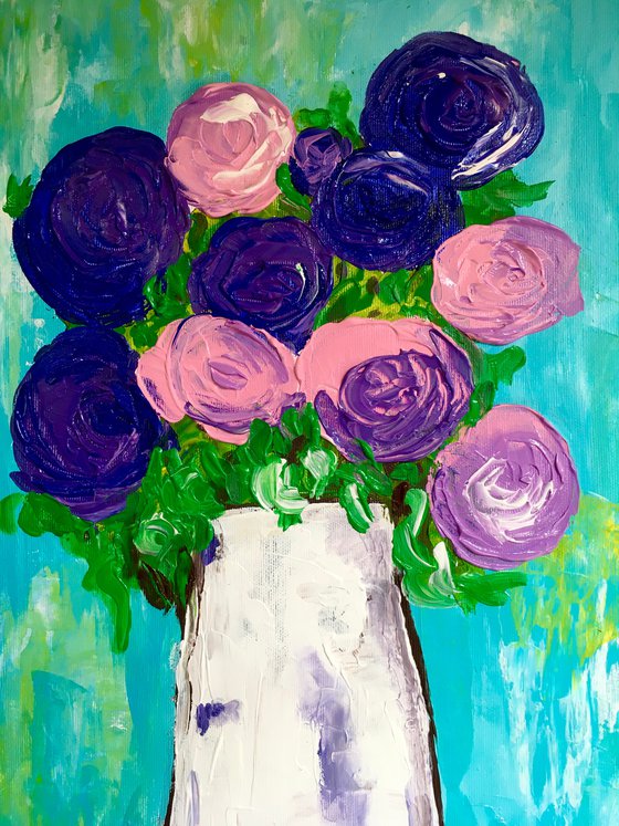 BOUQUET OF Purple and pink Roses  #7 palette  knife Original Acrylic painting office home decor gift