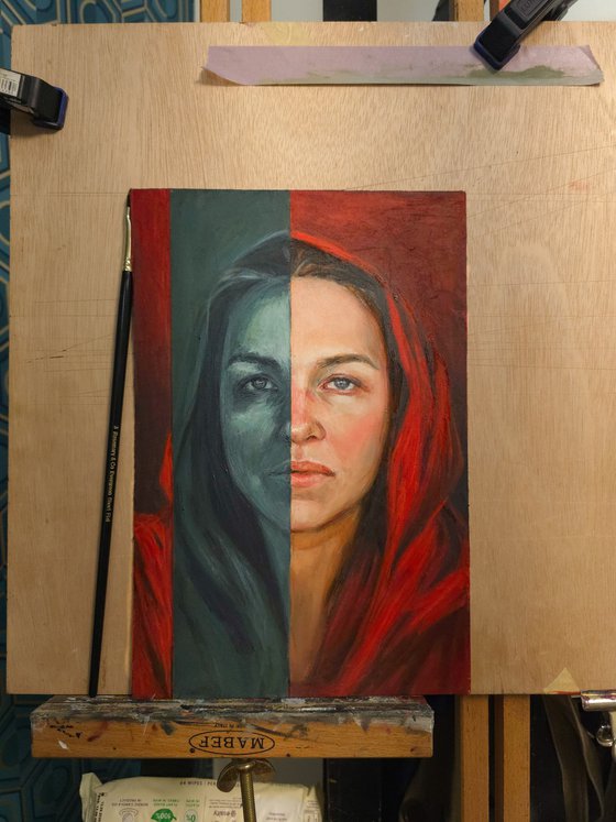 Self portrait in red & teal
