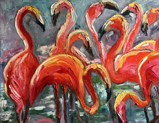 ORANGE FLAMINGOS. PAlLETTE KNIFE painting .