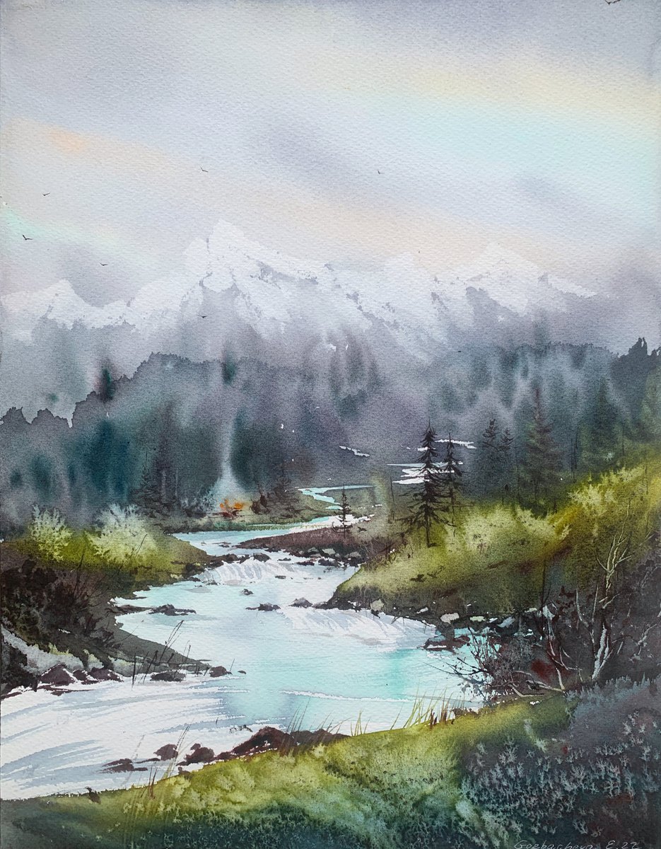 Impressionistic Landscape Watercolour By Eugenia Gorbacheva, 12 X 16, Mountain River #33, Original Artwork