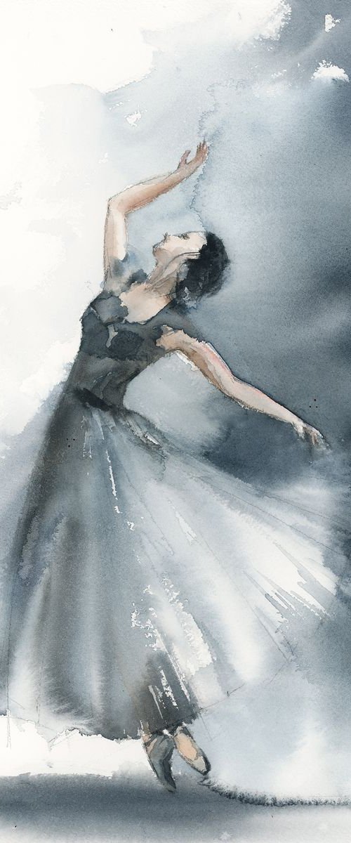 Ballerina in blue grey Original Watercolor Painting by Sophie Rodionov