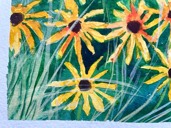 Flower Original Watercolor Painting, Yellow Wildflowers Artwork, Floral Wall Art, Coneflower Illustration