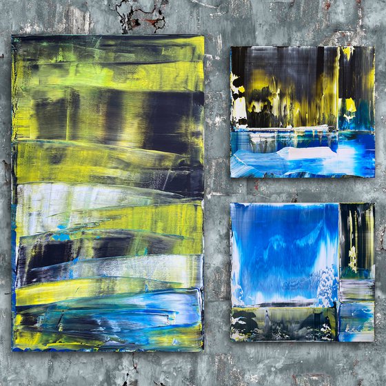 "Locals Only" - Save As A Series - Original PMS Abstract Acrylic Painting Triptych On Gallery Wrap Canvas and Recycled Wooden Desk Panels - 63" x 60"