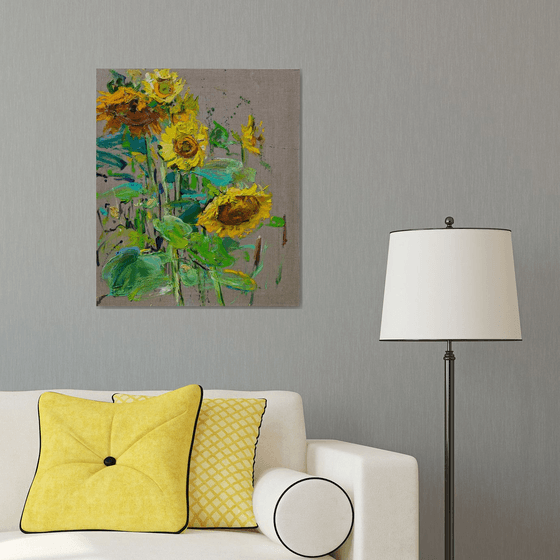 Sunflowers . 60x70 cm. Large Sunny painting "a la prima" on linen canvas
