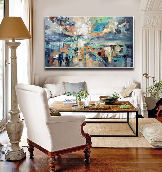 Shining Light - Extra Large Abstract Painting 71" x 40" , Oversize Canvas, Gray, Blue Gold Leaf Soft Colors White Gray Painting