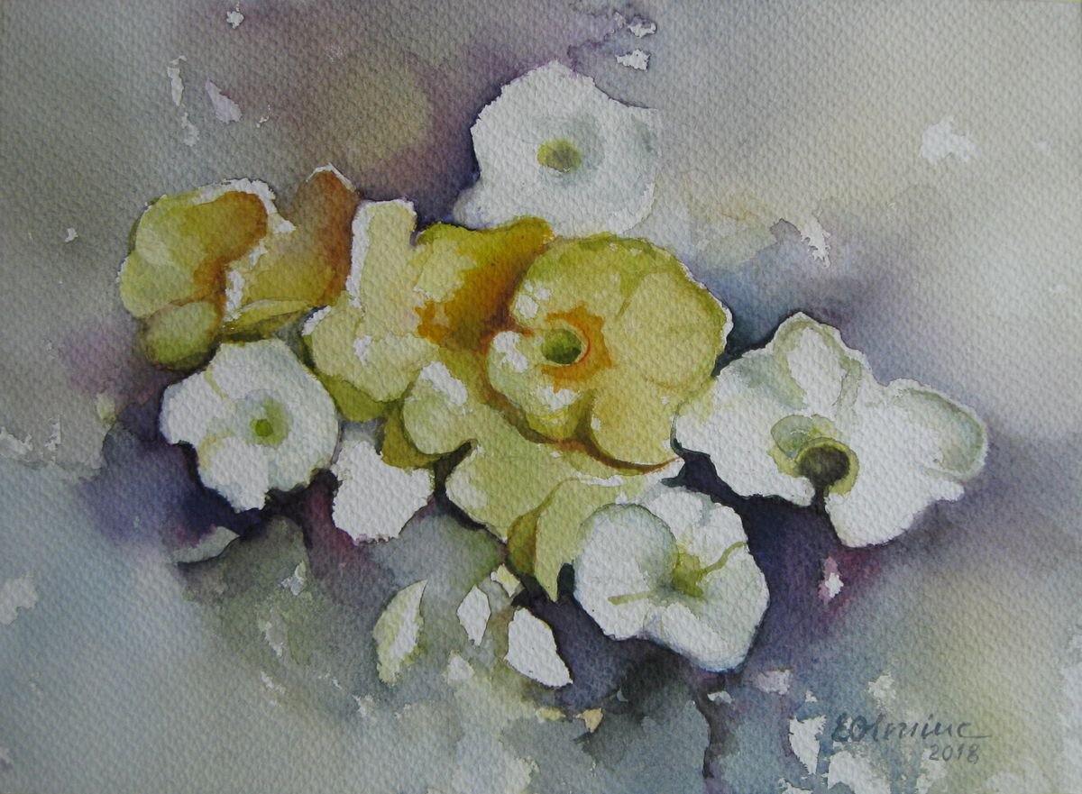 White flowers, yellow flowers... - watercolor by Elena Oleniuc