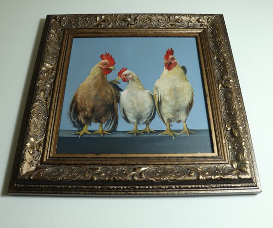 Chickens in a Row, Chicken Painting, Animal Artwork, Nature Wall Decor Framed and Ready to Hang Oil Painting by Alex Jabore Active