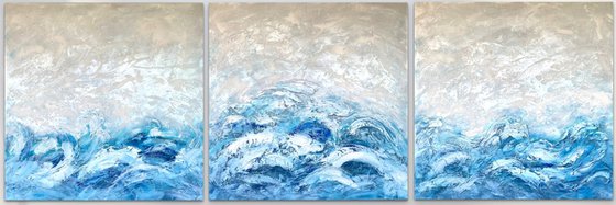 OCEAN WAVES. Large Abstract Blue White Triptych Painting