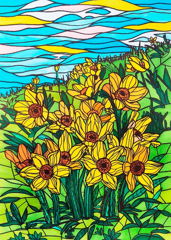 Yellow daffodils flowers field - colorful floral art in stained glass style