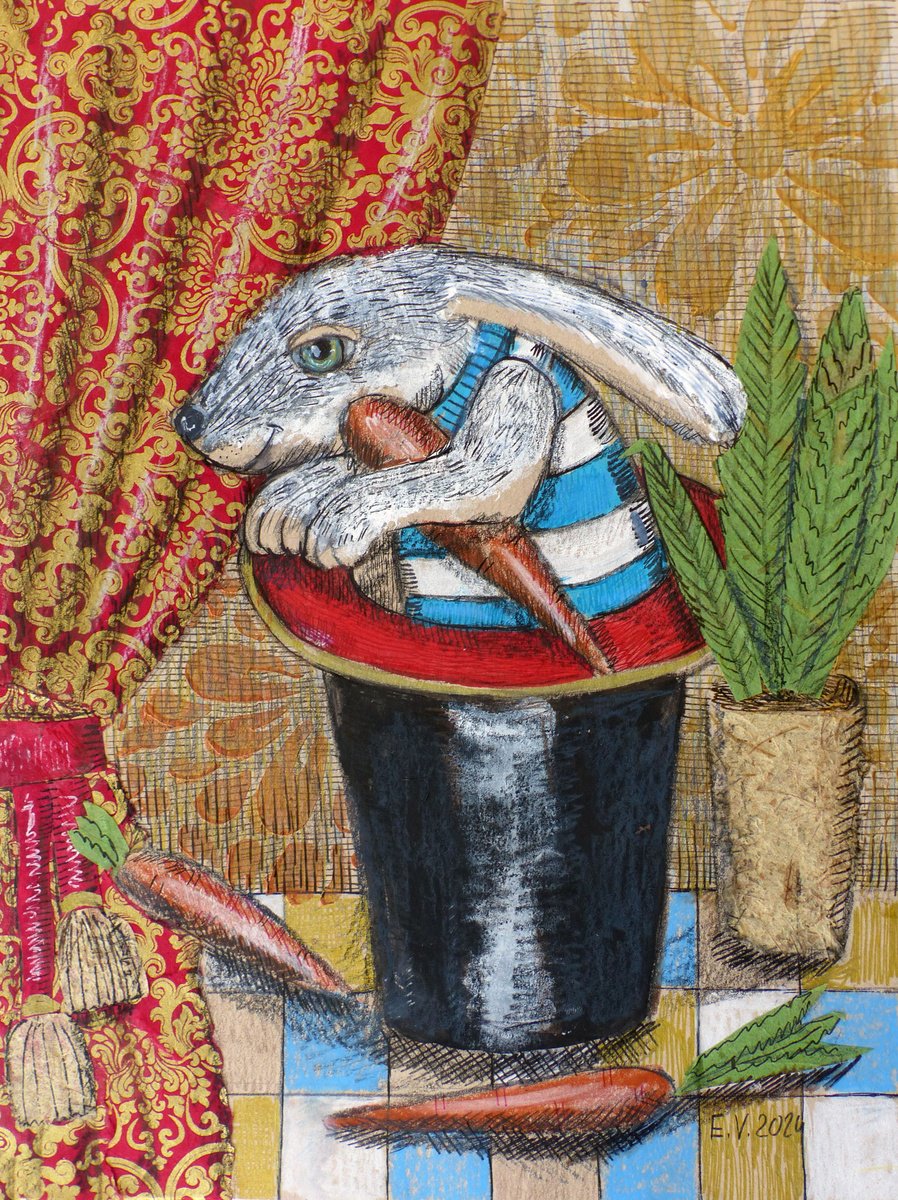Surrealistic Painting , Circus Bunny By Elizabeth Vlasova, 9 X 12, Artwork For Sale On Artfinder