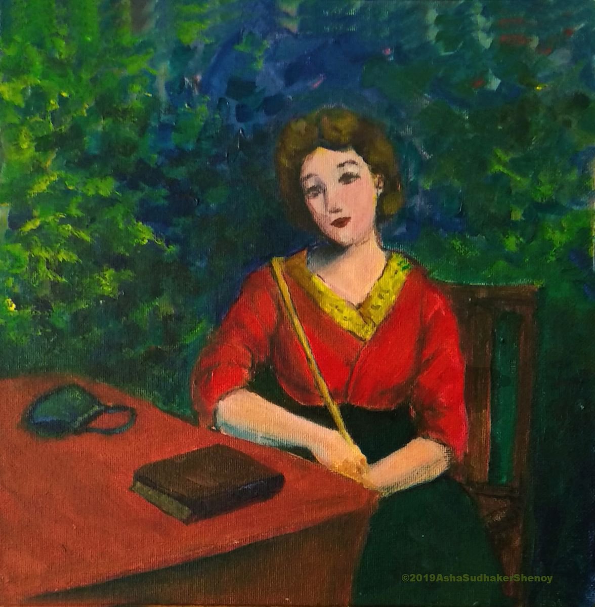 Woman Waiting  Acrylic on canvas panel 10x 10 by Asha Shenoy