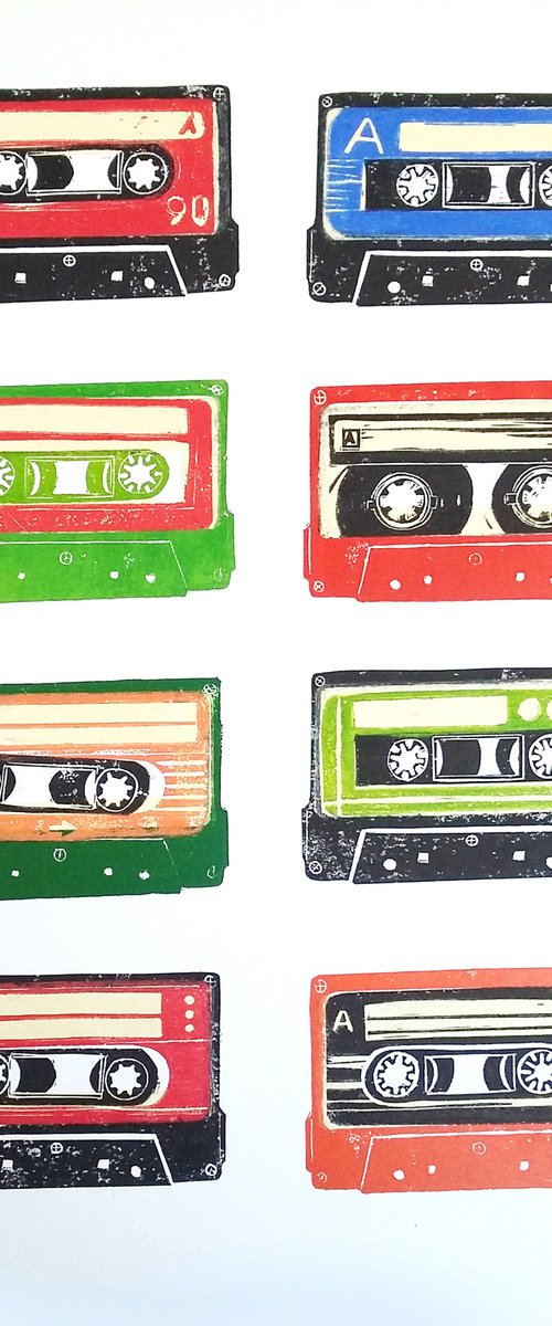 Linocut tapes #42 (cassette tapes, retro music, 70's, 80's rock culture) by Carolynne Coulson