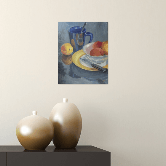 Peaches in a Bowl - Still Life Painting, One of a kind artwork, Home decor