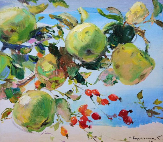 Branches of quince and rose hips