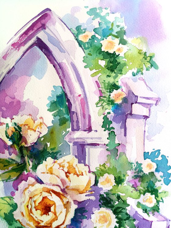 Bright summer landscape "Bushes of yellow roses at the walls and arches of an ancient castle" original watercolor painting