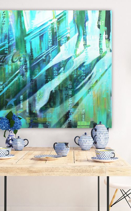 Stepping out of the shadows (contemporary semi abstract painting, urban typography artwork in blues and greens) by Carolynne Coulson