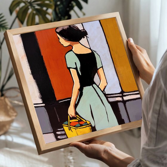 "Woman with Yellow Bag" Original art 16x16in