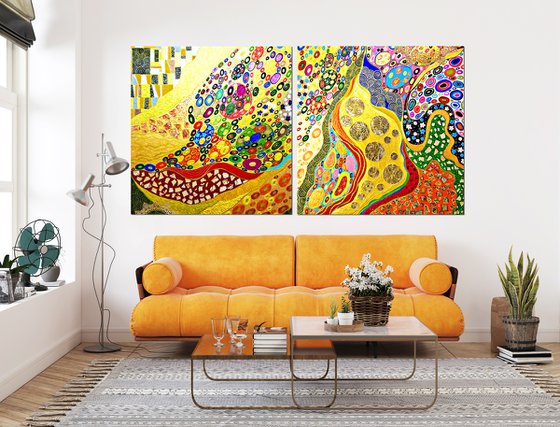 2 pieces 200х100 cm Abstract painting large wall art colorful vivid relief Klimt inspired diptych