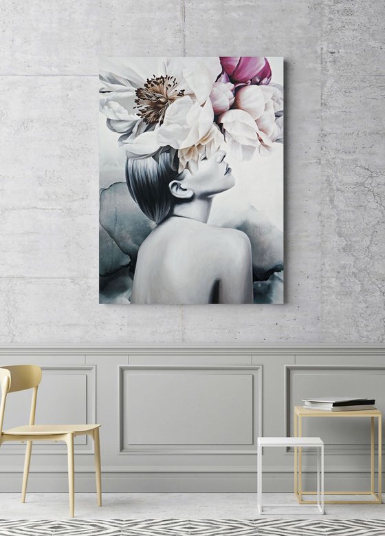 "Spring Impressions" Woman's face peony art