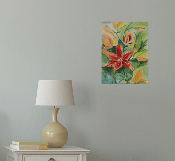 Tiger lily, watercolor, still life painting in impressionistic style