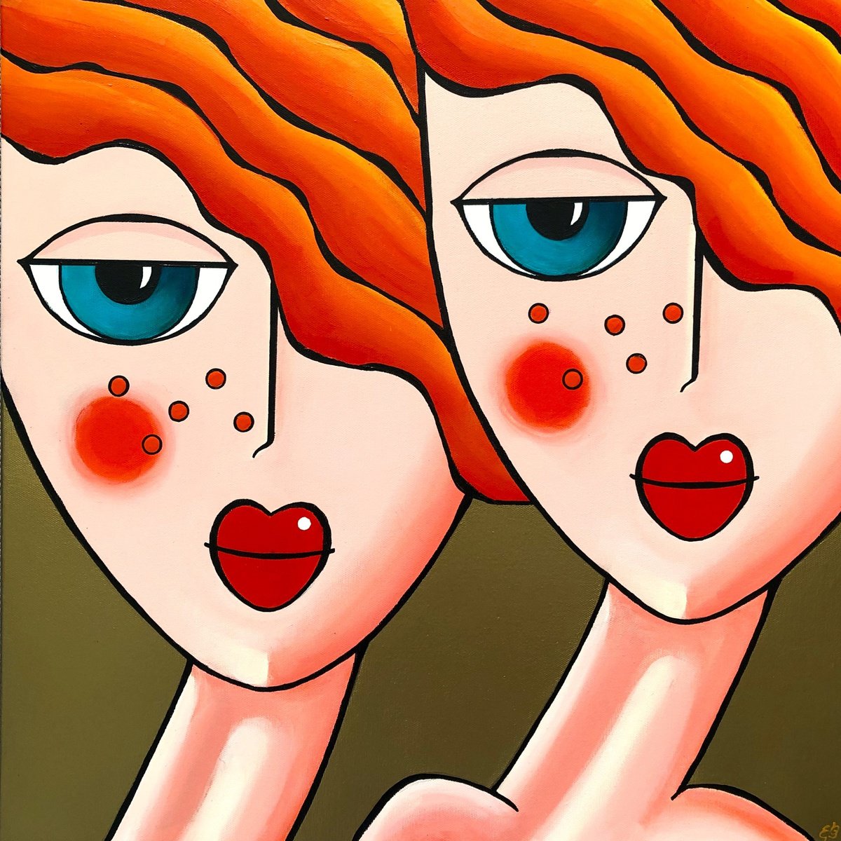 Urban And Pop Portrait Acrylic Painting By Lena Smirnova, 20 X 20", Sweet Sisters, Original Artwork