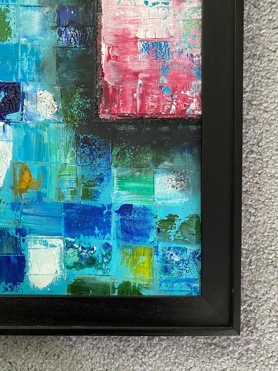 "Mosaic Squared" - Original Highly Textured PMS Abstract Oil Painting On Wood, Framed - 26" x 38"