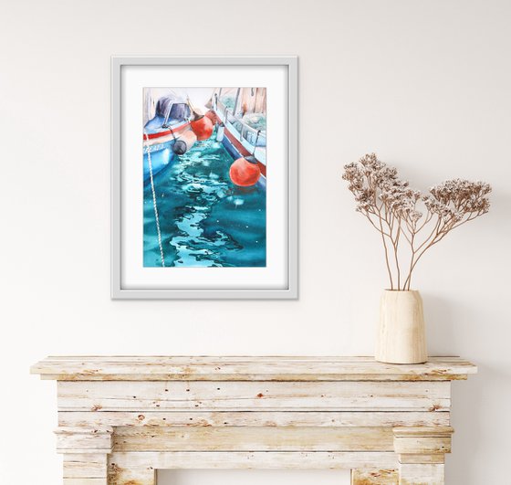 Reflections, boats and the sea. Original watercolor artwork.