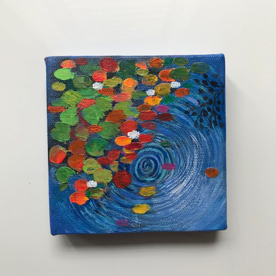 Water lilies pond with ripples ! Miniature painting! Ready to hang!